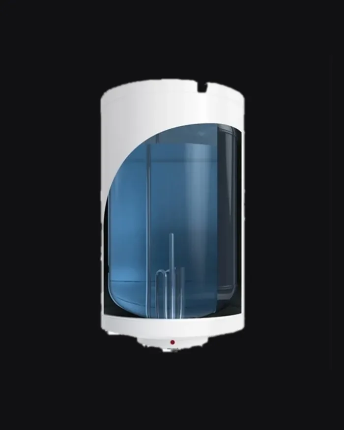 Cutaway of a white floor-standing cylinder, showing the blue water content and the heating element.