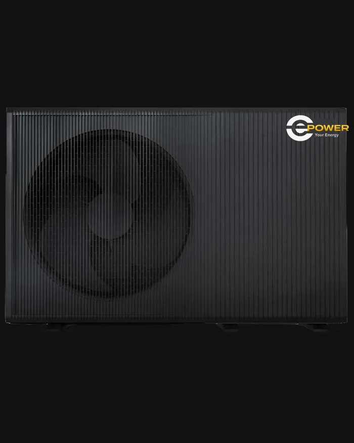 Zwarte monoblock-warmtepomp met het EPOWER-logo. De drie groepen delen deze behuizing.